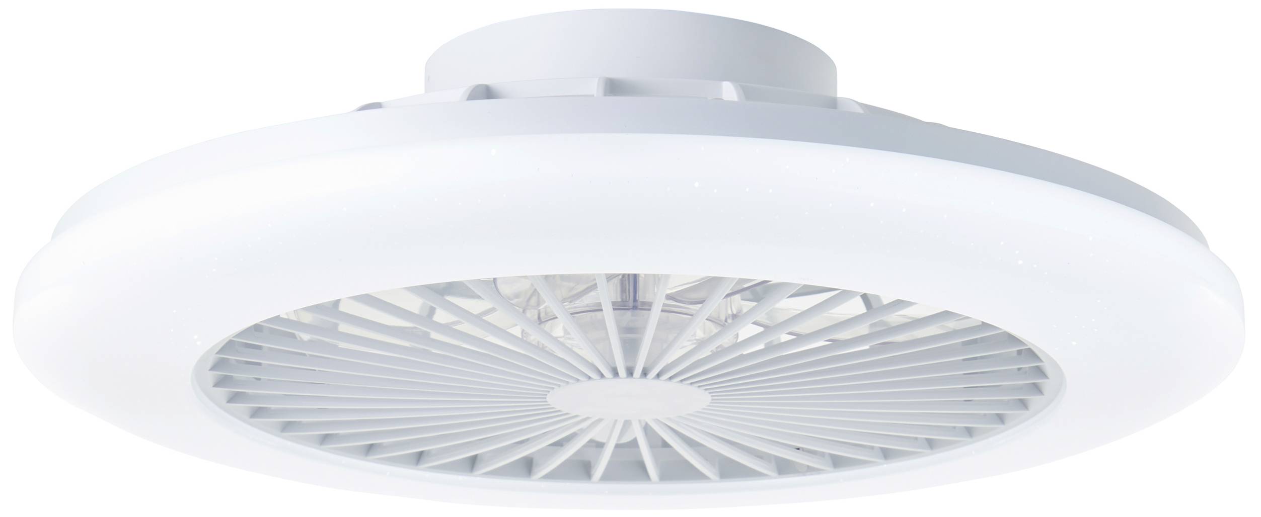 Ein moderner, runder Deckenventilator in Weiß mit schmalem Rand und radialen Flügeln. Ideal für die Belüftung von Innenräumen.