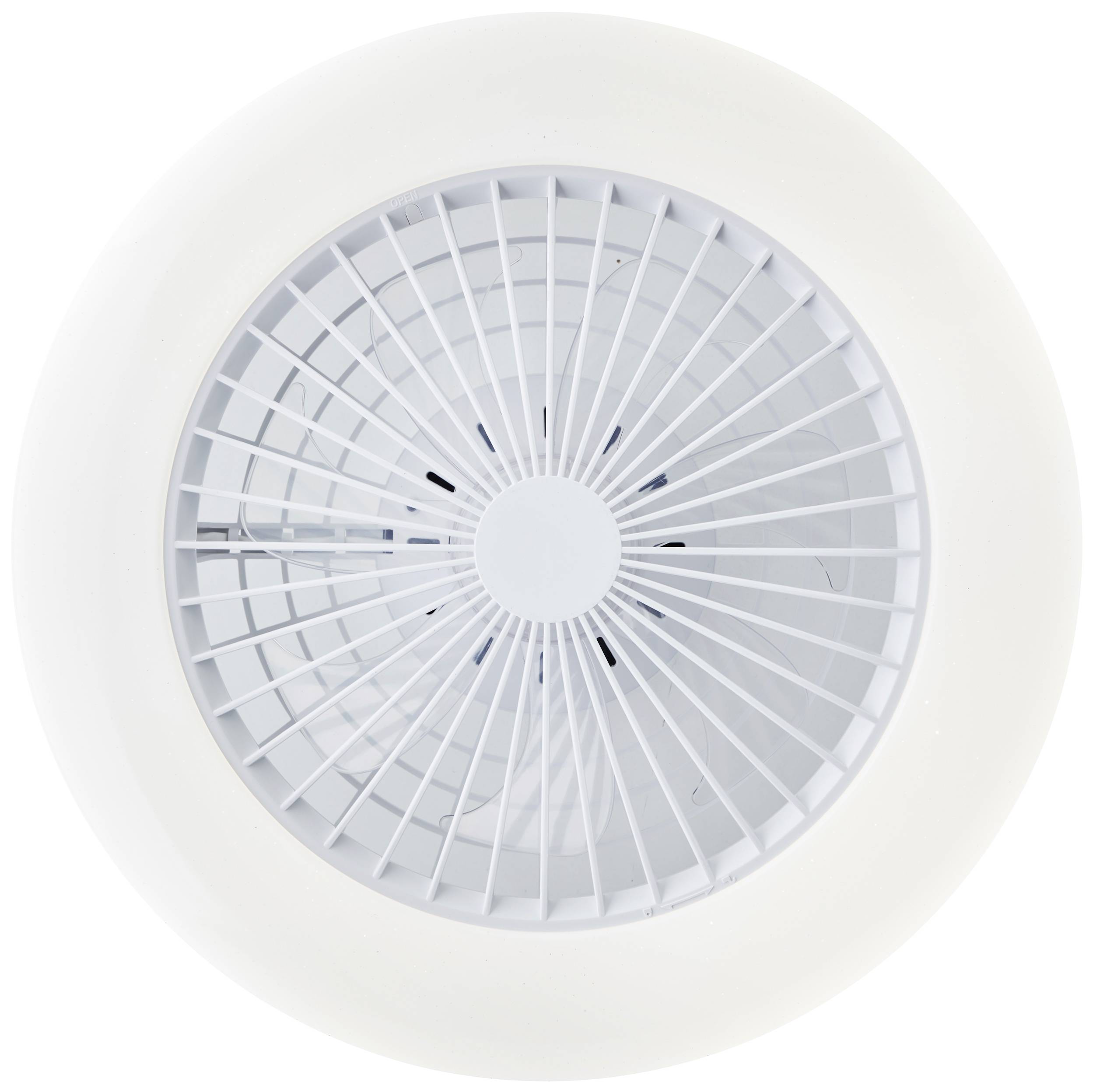 Runder Deckenventilator in weißem Gehäuse mit sichtbarem Gitter und Rotorblättern.