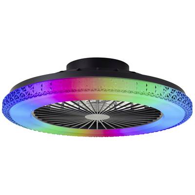 Ein Deckenventilator mit farbwechselndem LED-Licht in Rot, Blau, Grün und Lila.