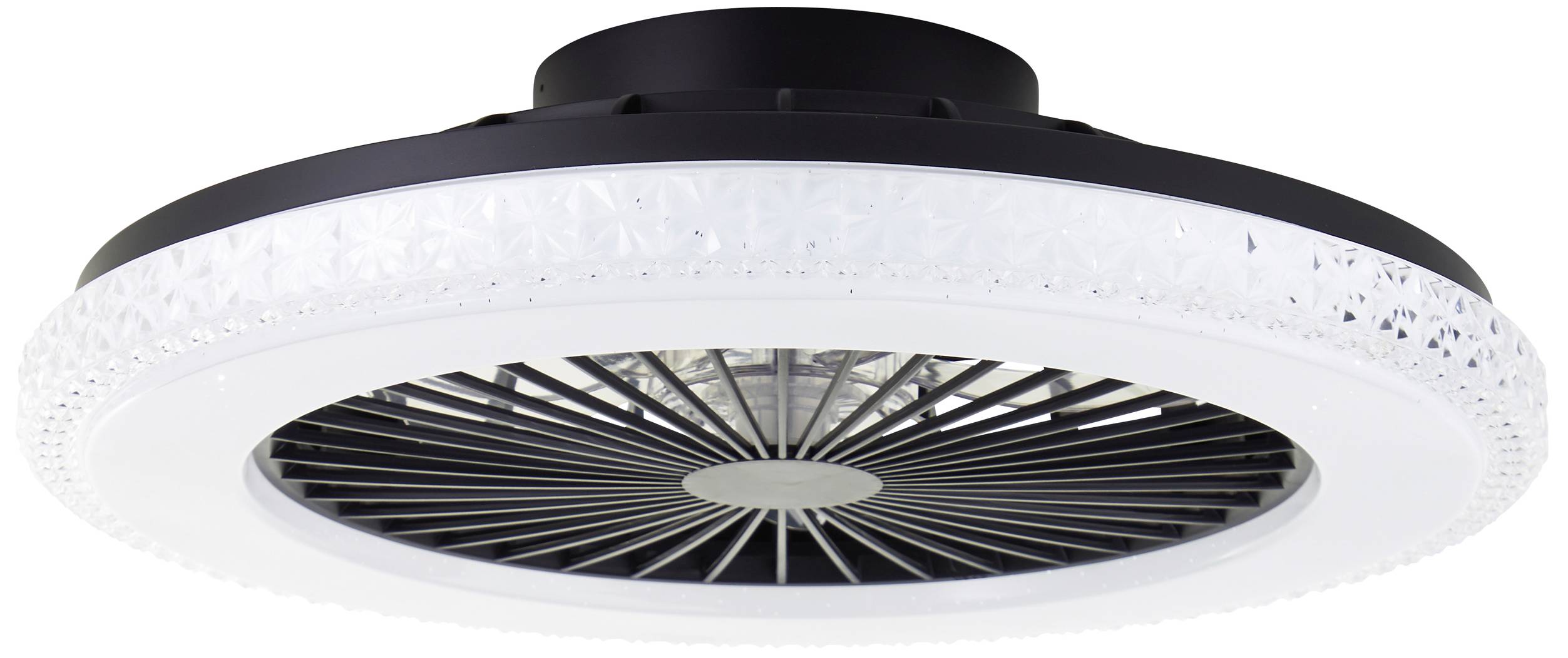 Runder Deckenventilator mit transparentem Lüfter und schwarzem Gehäuse.