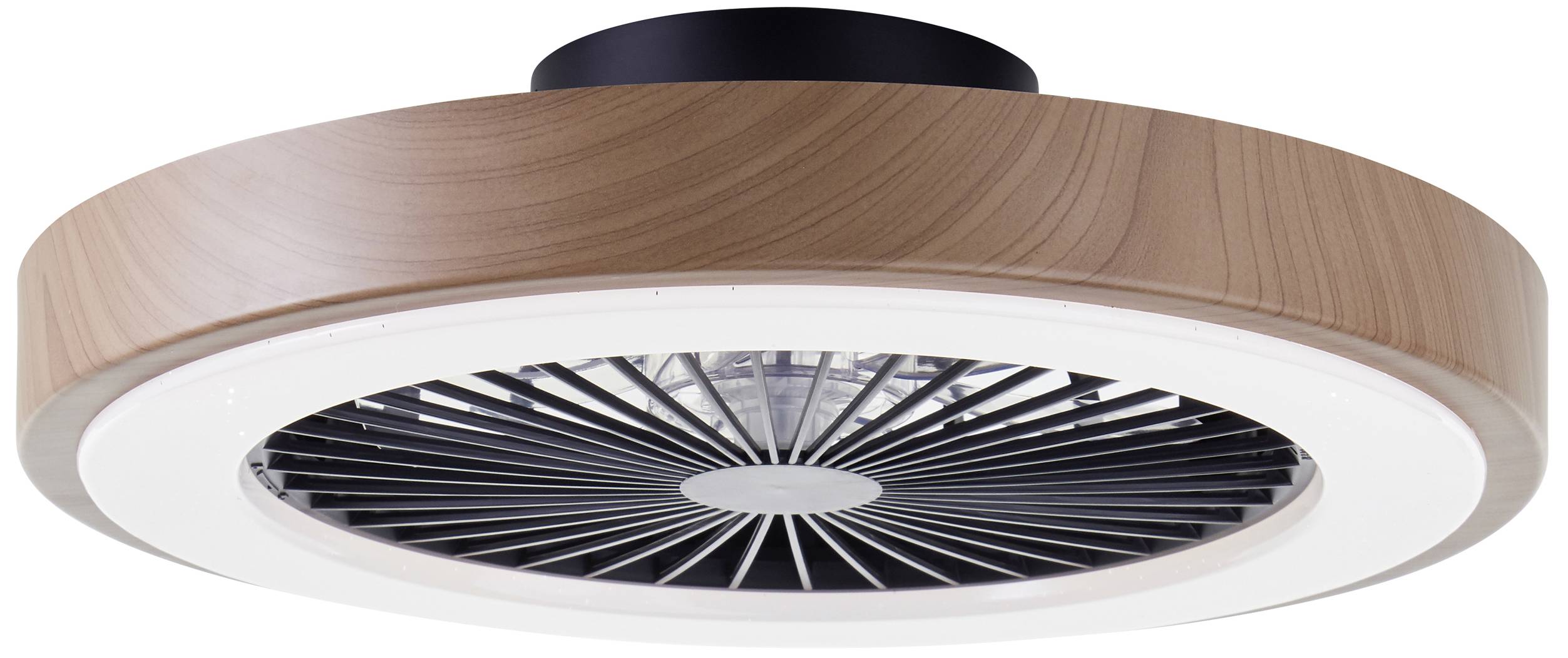 Ein moderner Deckenventilator mit einem braunen Holzgehäuse und einem schwarzen, gitterartigen Lüfterblattdesign.