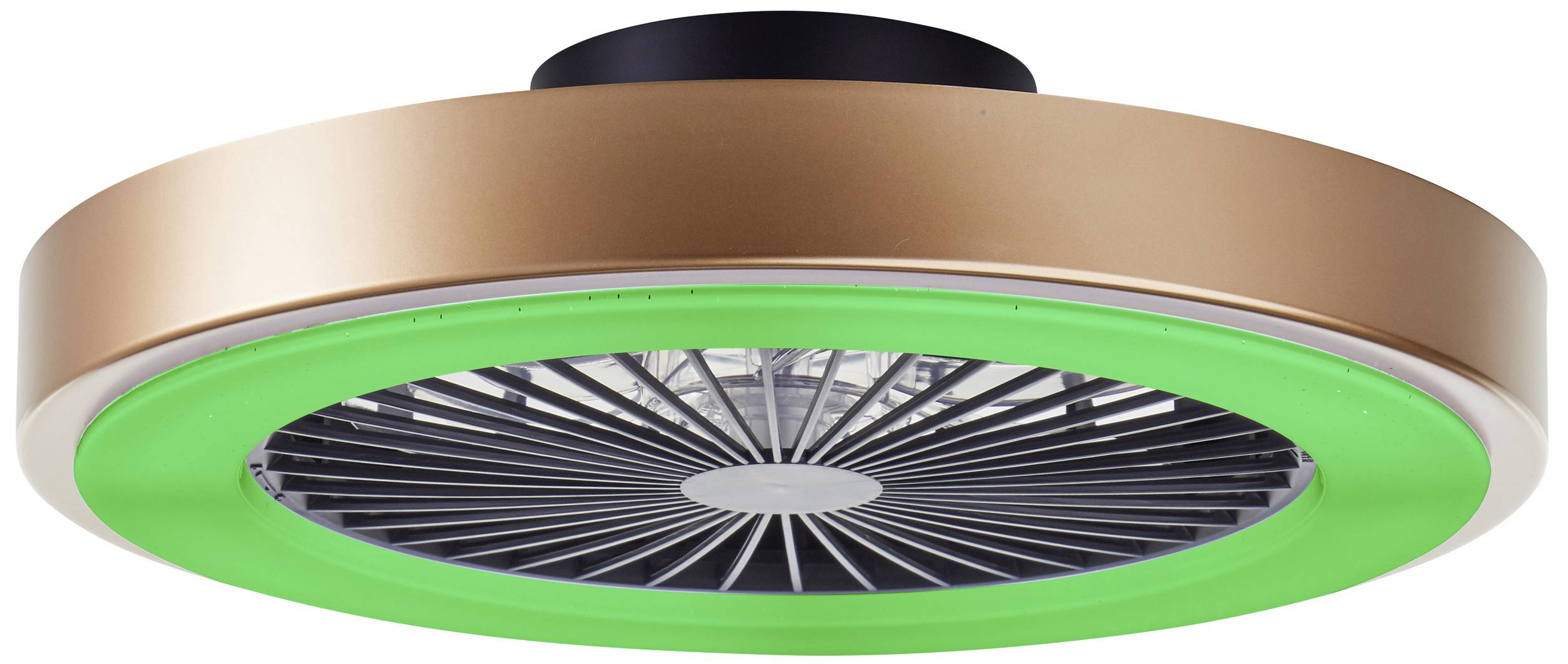 Kreisförmiger Deckenventilator mit bronzefarbenem Rahmen und grüner Lichtleiste. Ventilatorflügel und schwarze Montagebasis sichtbar.