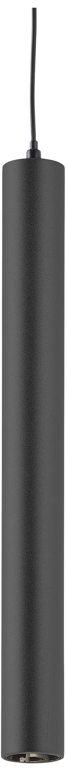 Schwarze zylindrische Hängelampe mit einem Kabel, schlichtes und modernes Design, geeignet für minimalistische Inneneinrichtung.
