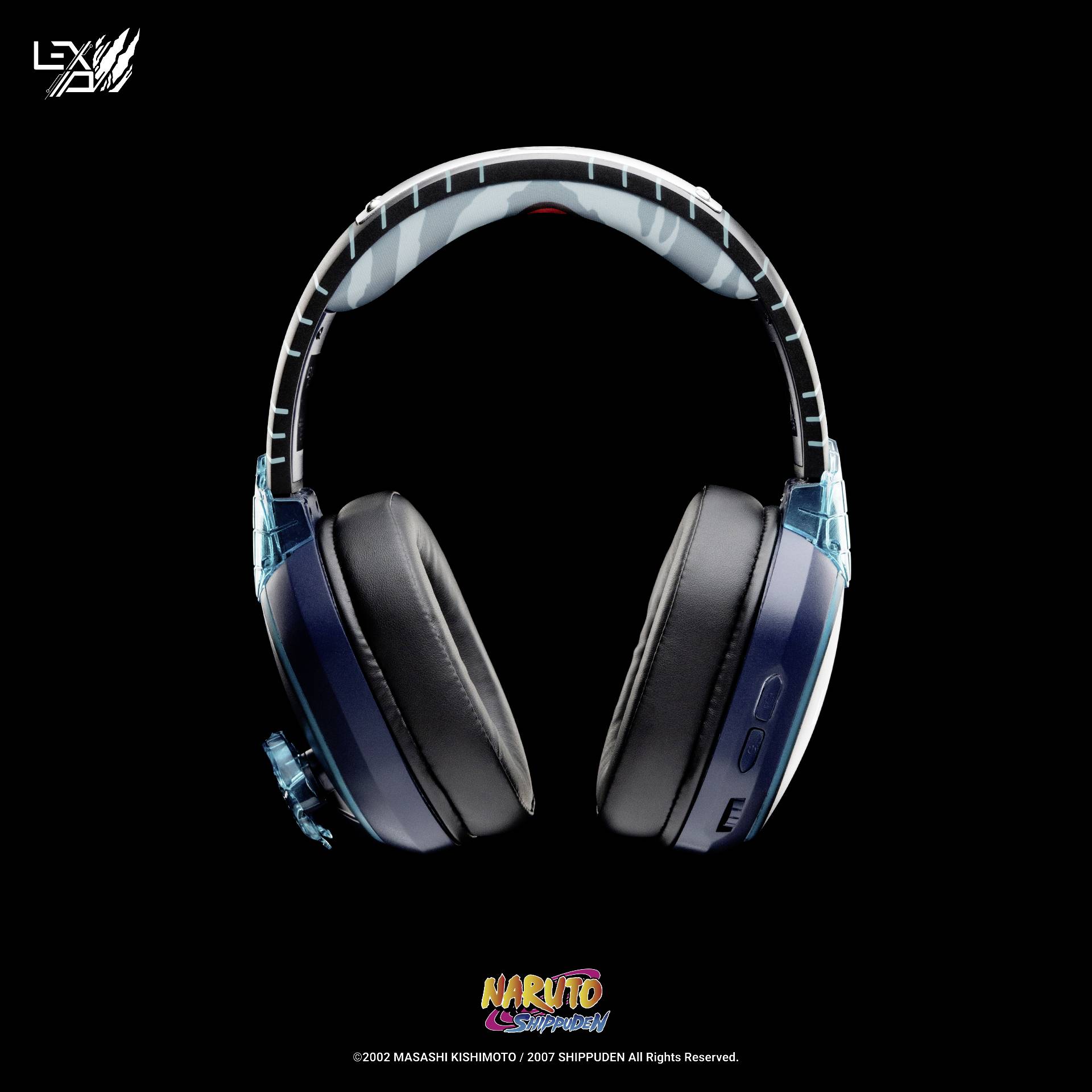 Kopfhörer im 'Naruto'-Design, schwarz-blau mit Akzentdetails. Markenlogo und Naruto-Text am unteren Bildrand.
