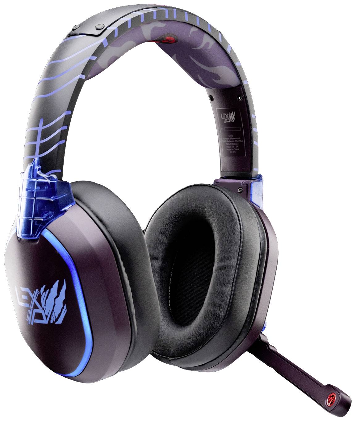 Schwarzes Gaming-Headset mit Mikrofon, gepolsterten Ohrmuscheln und blauen Details. Design mit leuchtenden Elementen an den Seiten.