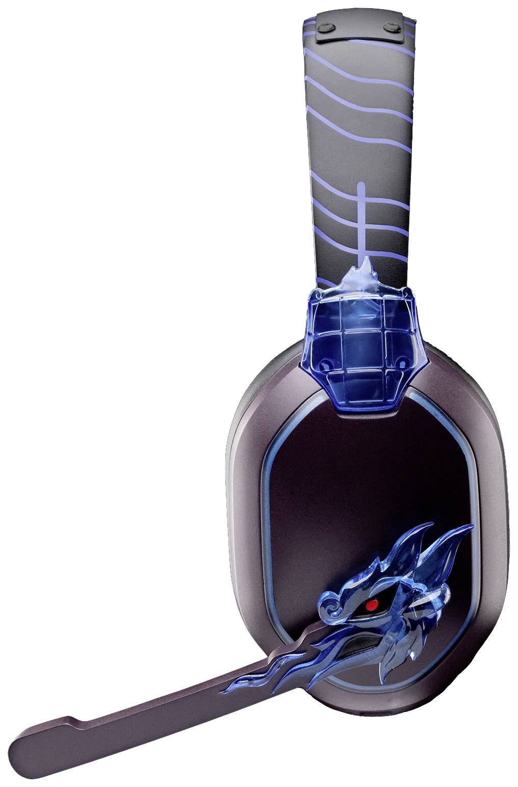 Schwarzes Gaming-Headset mit blauem Drachen-Design auf der Ohrmuschel. Das Mikrofon ist nach vorne gerichtet.