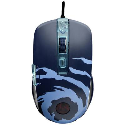 Dunkle Computergaming-Maus mit blauen Mustern und blauen Tasten.