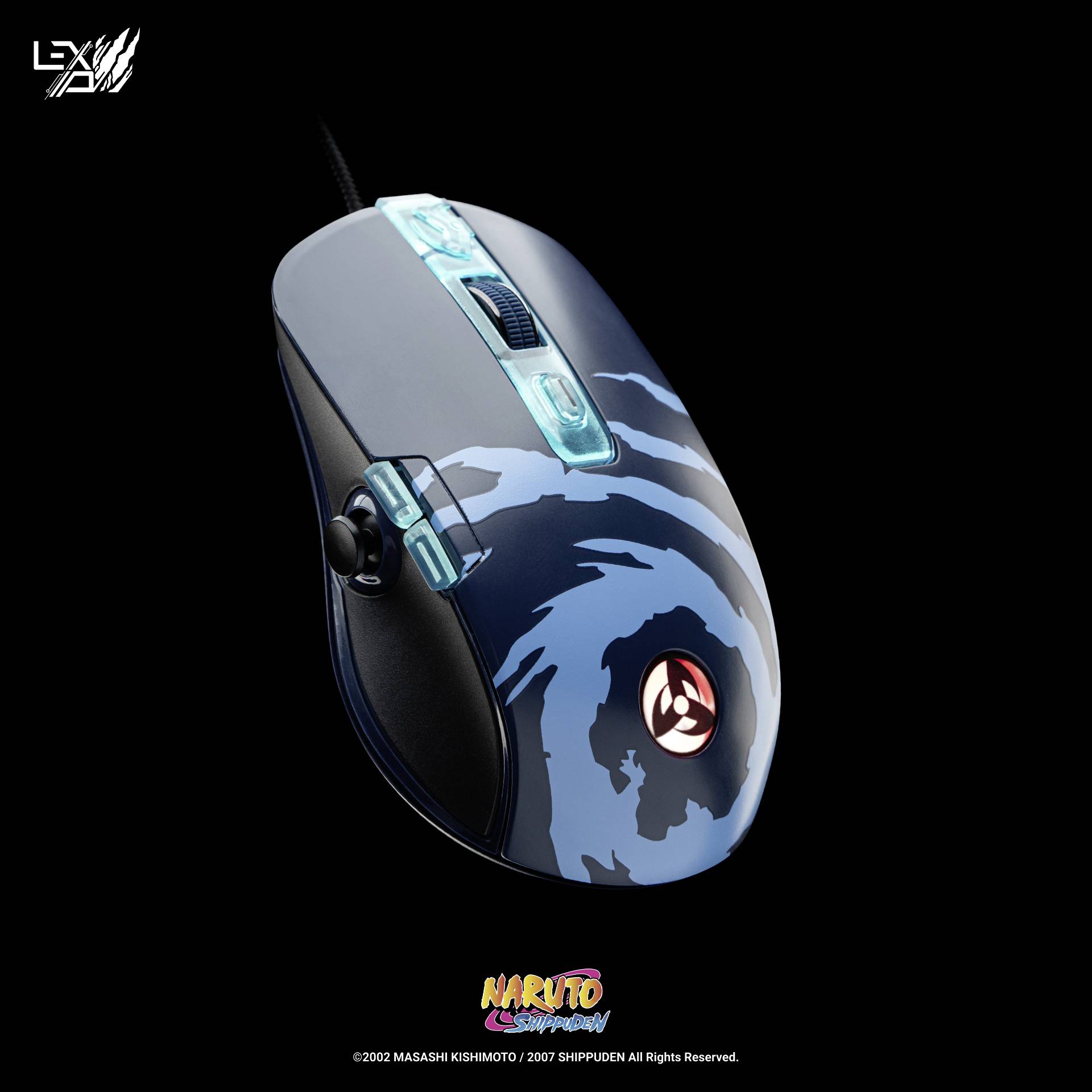 Gaming-Maus mit blauer, naruto-inspirierter Grafik auf schwarzem Hintergrund. Logo 'Lex' oben links, 'Naruto Shippuden' unten.