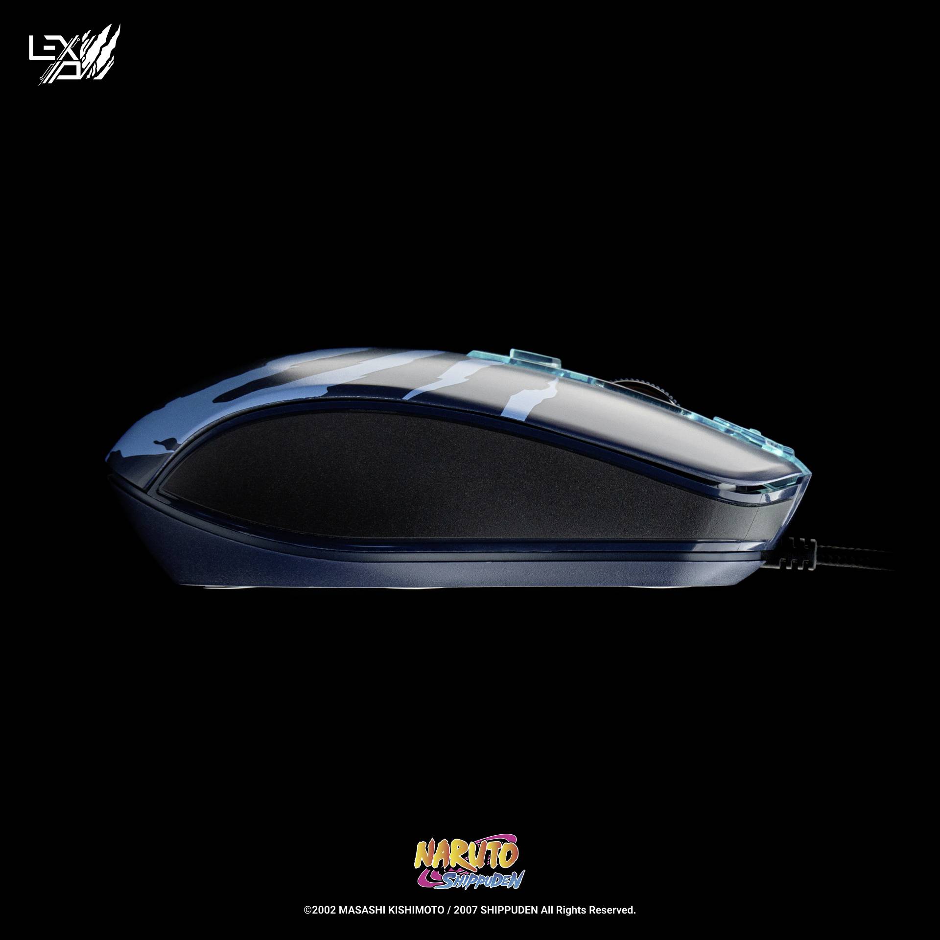 Eine Gaming-Maus mit blau-schwarzem Design, inspiriert von der Anime-Serie 'Naruto Shippuden'.