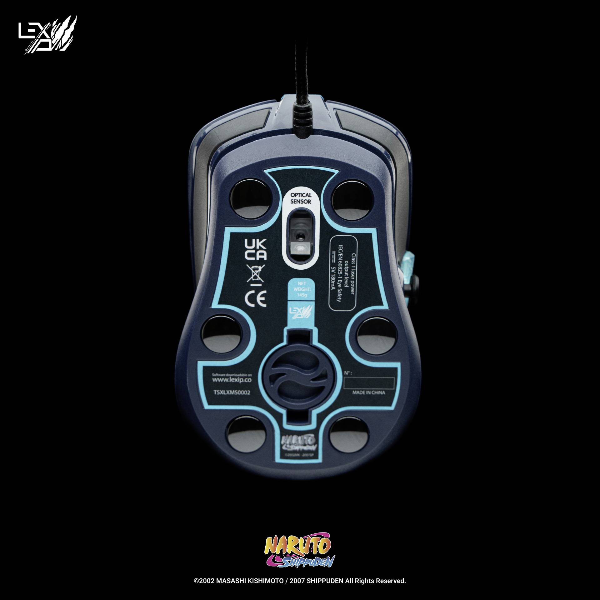 Unterseite einer Computer-Maus mit mehreren runden Sensoren und 'Optical Sensor'-Markierung. Markenlogos und Lizenzinformationen sichtbar.