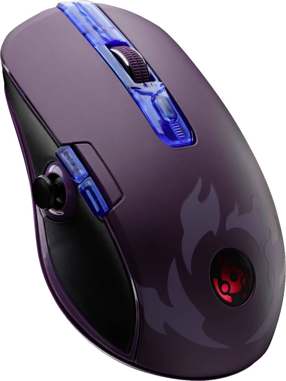 Draufsicht auf eine schwarze Gaming-Maus mit blauen Leuchten und einem roten Muster. Ergonomische Form für präzises Gaming.