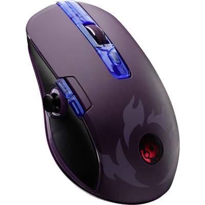 Draufsicht auf eine schwarze Gaming-Maus mit blauen Leuchten und einem roten Muster. Ergonomische Form für präzises Gaming.