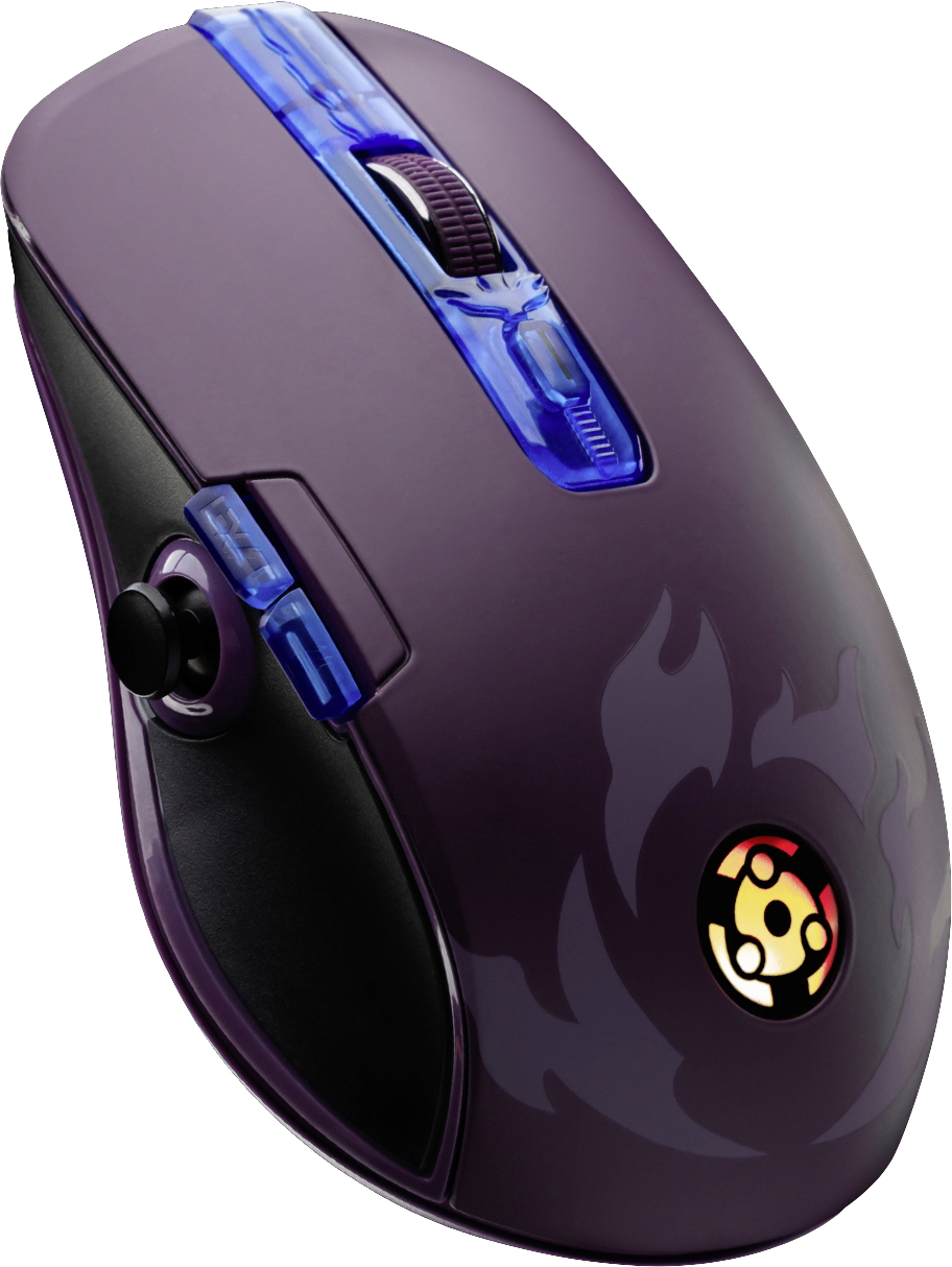 Dunkle, ergonomische Gaming-Maus mit blauen Akzenten und einem Feuerdesign. Logo mit stilisiertem Motiv auf der Oberseite.