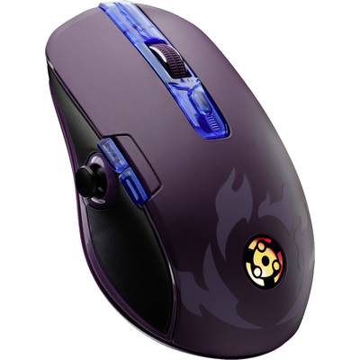 Dunkle, ergonomische Gaming-Maus mit blauen Akzenten und einem Feuerdesign. Logo mit stilisiertem Motiv auf der Oberseite.