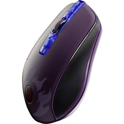 Lila Computermaus mit blauen Beleuchtungselementen und ergonomischem Design für verbesserten Griff und Komfort.