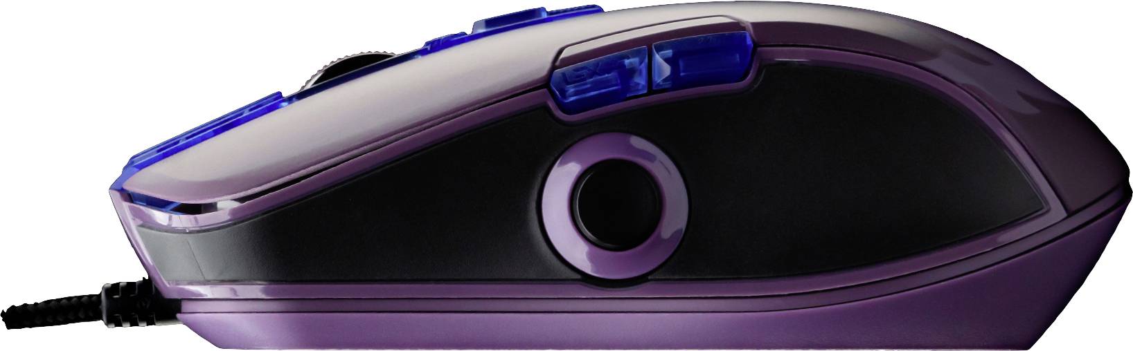 Lila Computermaus mit blauen Tasten, Ansicht von der Seite, schwarzer Griffbereich und Kabelanschluss an der Vorderseite.