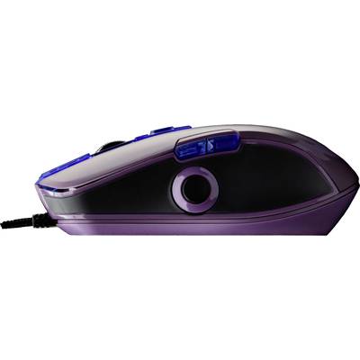 Lila Computermaus mit blauen Tasten, Ansicht von der Seite, schwarzer Griffbereich und Kabelanschluss an der Vorderseite.