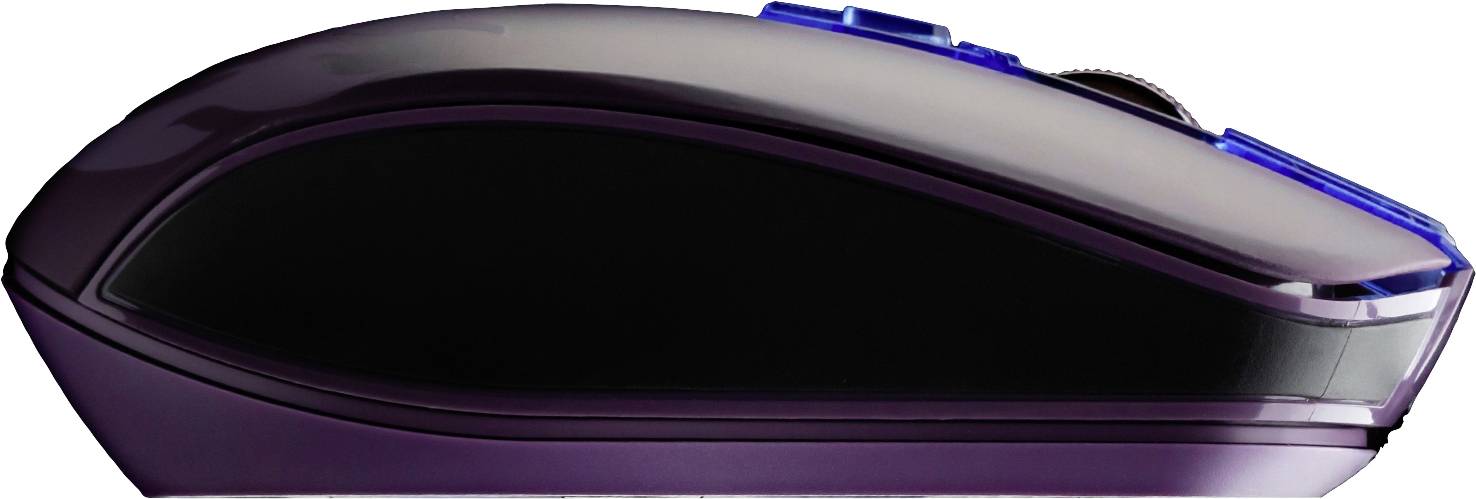 Kabellose Computermaus mit ergonomischem Design, seitlich betrachtet. Sie ist schwarz mit blauen Akzenten an den Bedienelementen.