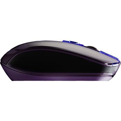 Kabellose Computermaus mit ergonomischem Design, seitlich betrachtet. Sie ist schwarz mit blauen Akzenten an den Bedienelementen.
