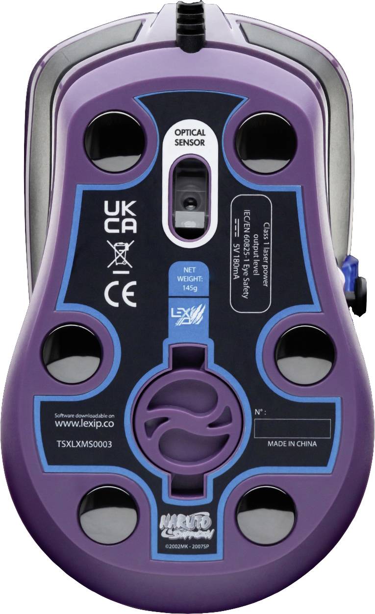 Lila Computermaus von unten mit optischem Sensor, Tasten und Gewichtsangabe von 145g; CE- und UKCA-Zertifizierung sichtbar.