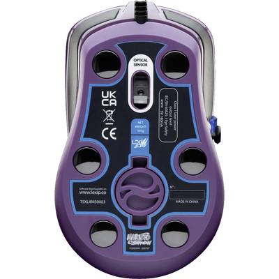 Lila Computermaus von unten mit optischem Sensor, Tasten und Gewichtsangabe von 145g; CE- und UKCA-Zertifizierung sichtbar.