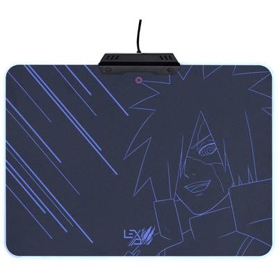 Ein beleuchtetes Mousepad mit einem stilisierten Manga-Charakter, dynamische Linien im Hintergrund, beigelegtes Kabel am oberen Rand.
