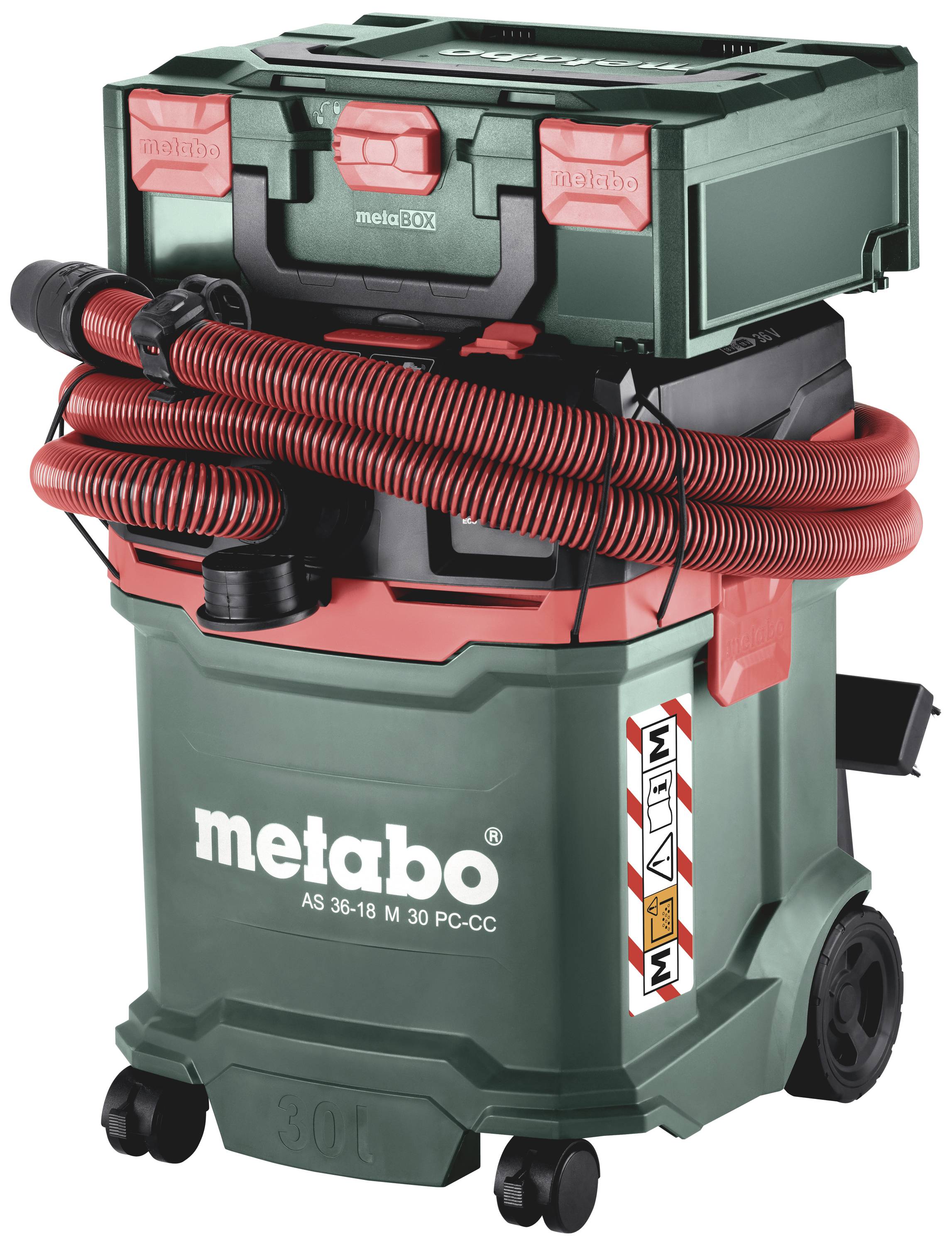 Mobiler Industriestaubsauger in Grün und Rot mit Schläuchen und Rädern, Marke 'Metabo', Modell AS 36-18 M 30 PC-CC, 30L Kapazität.