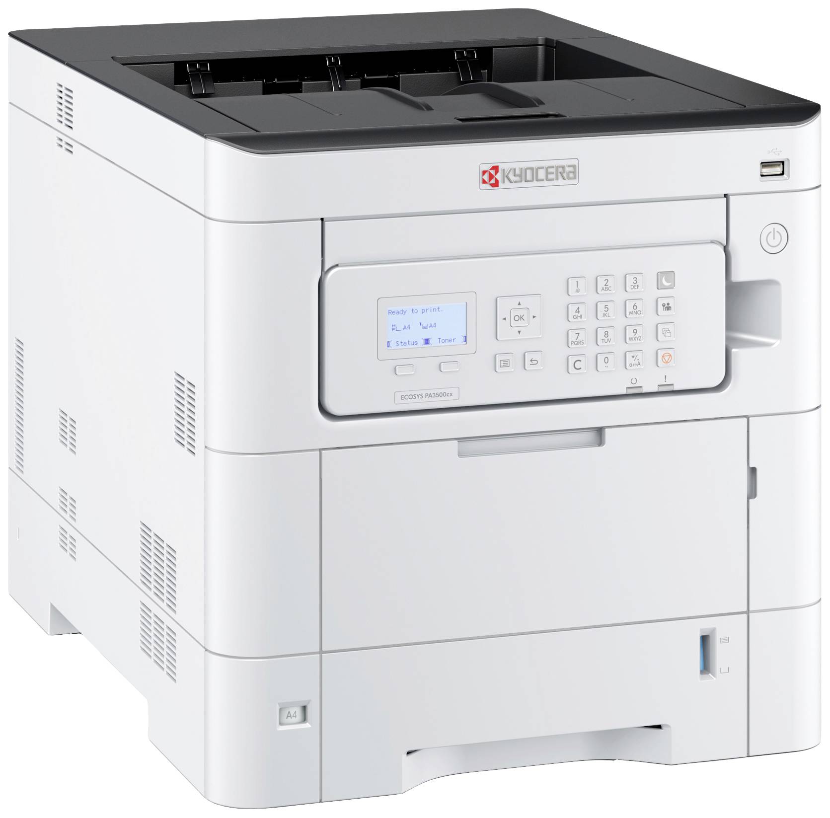 Kyocera Computer-Drucker mit grauem Gehäuse, Display und Tastenfeld vorne. Geeignet für Büroanwendungen und Dokumentendruck.