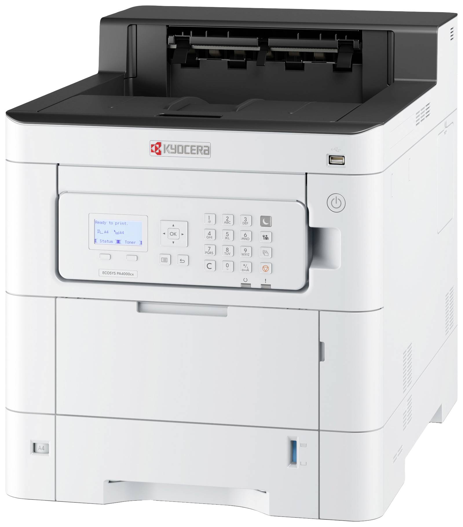 Ein weißer Büro-Drucker mit Bedienfeld, Markenlogo 'Kyocera' sichtbar. Hauptsächlich verwendet für Dokumentendruck in Büroeinrichtungen.
