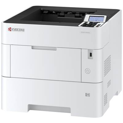 Ein weißer Kyocera-Drucker, Modell ECOSYS P4040dn, mit einem USB-Anschluss, Ein/Aus-Taste und einem kleinen Display rechts oben.