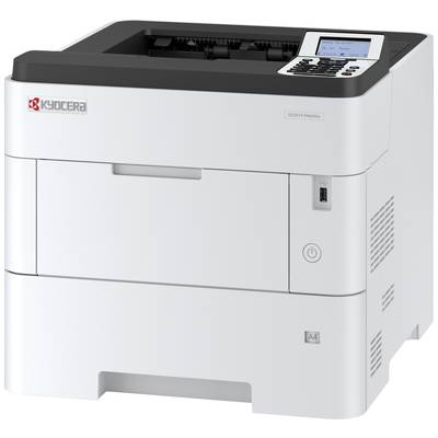 Ein weißer Laserdrucker mit schwarzem Bedienfeld, Markenlogo auf der linken Seite, hat ein Display und Tasten oben rechts.