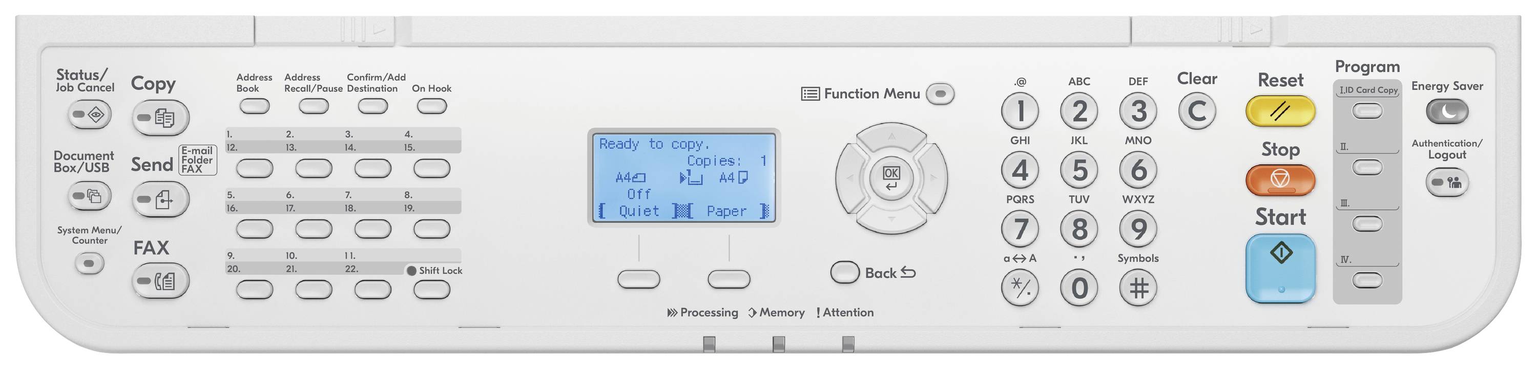 Bedienfeld eines Multifunktionsdruckers mit numerischer Tastatur, Funktionstasten für Kopieren, Scannen, Faxen und Drucken.