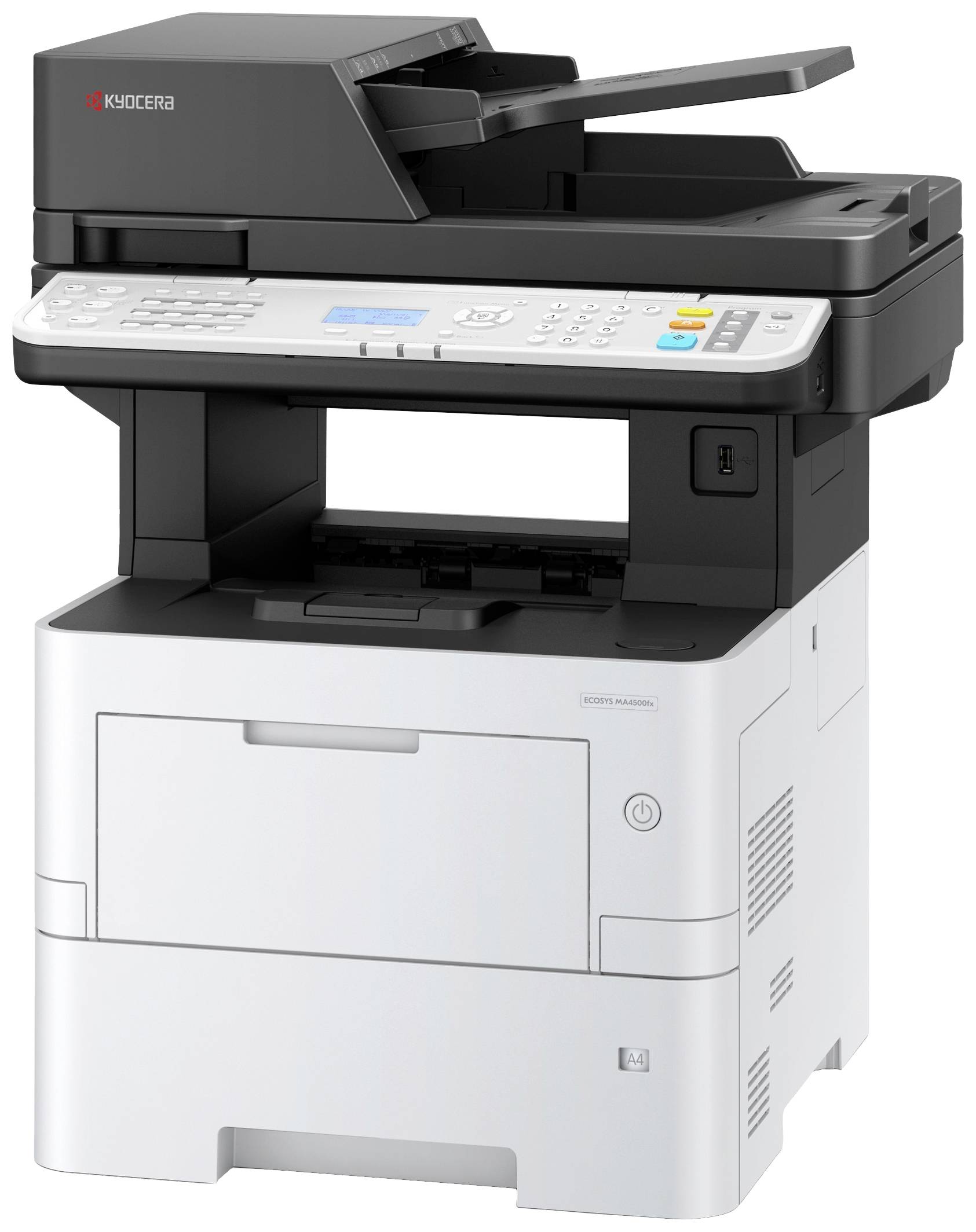 Multifunktionsdrucker mit Scanner, Kopierer und Faxgerät. Schwarz-weißes Design, Tastenfeld und Display für einfache Bedienung.