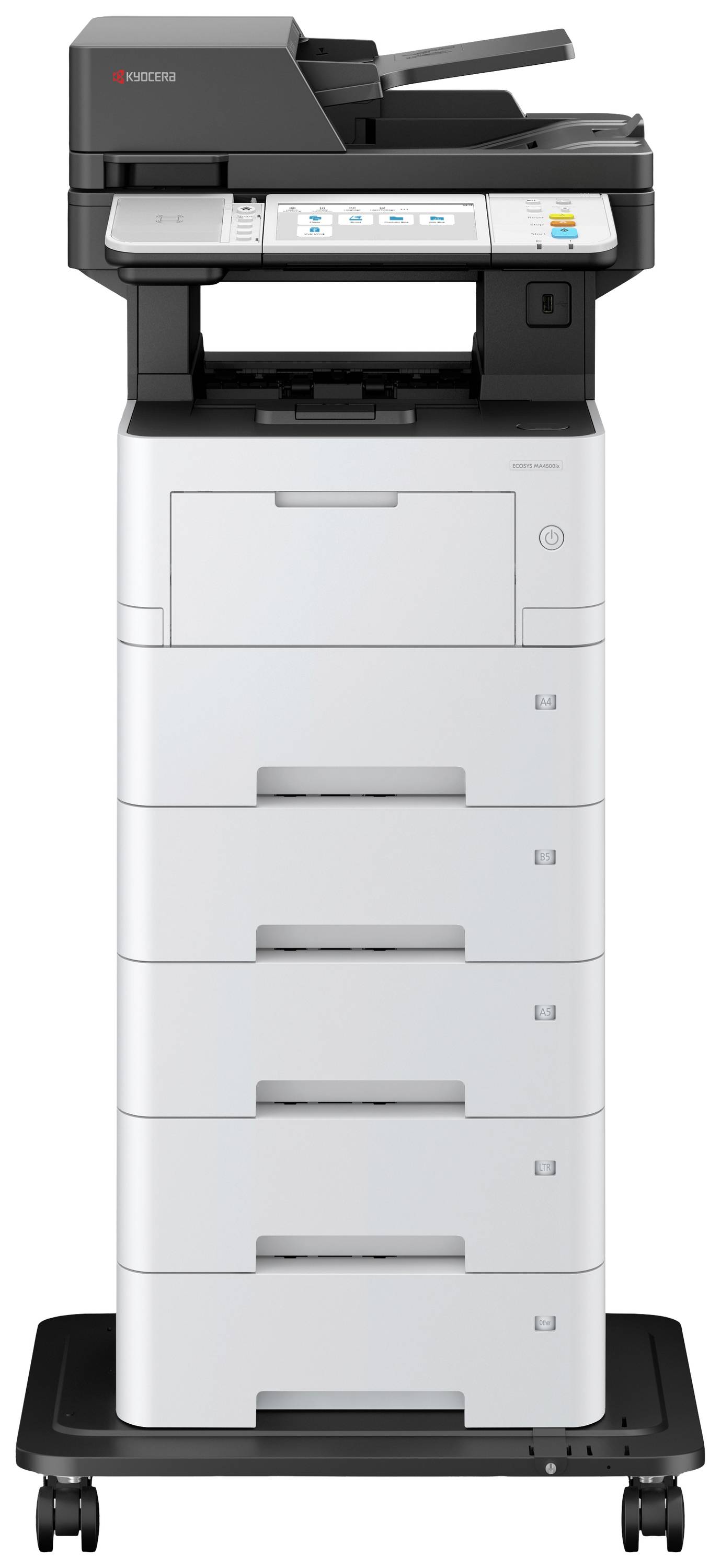 Schwarz-weißer Multifunktionsdrucker auf Standfuß, mit Scan-, Kopier- und Druckfunktionen. Oberes Bedienfeld mit Display und Tasten.