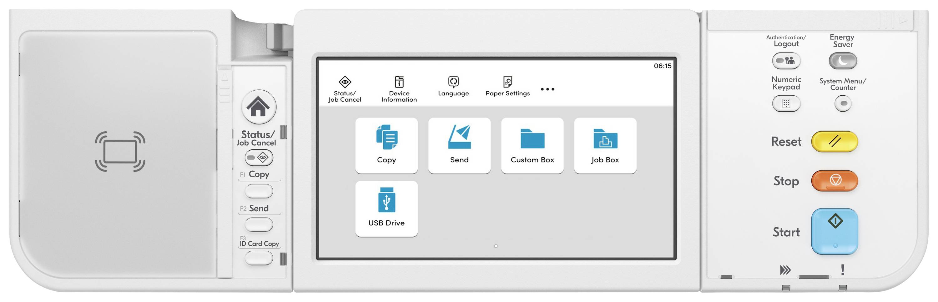 Ein Drucker-Bedienfeld mit Bildschirm, zeigt Optionen: Kopieren, Senden, Benutzerdefinierte Box, USB-Laufwerk. Tasten Reset, Stopp, Start rechts.