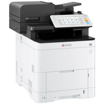Ein moderner Multifunktionsdrucker mit Touchscreen-Bedienfeld, zeigt Symbole für Druck-, Scan- und Kopierfunktionen.