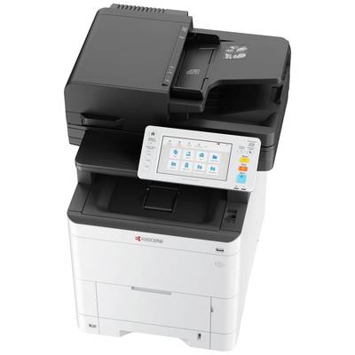 Ein Multifunktionsdrucker mit Touchscreen-Bedienfeld, Papierfach und mehreren Bedienknöpfen. Geeignet für Büroanwendungen.