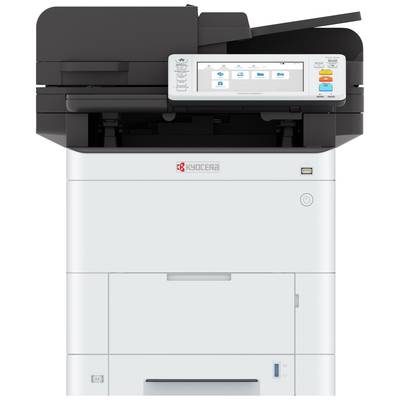 Ein weißer Multifunktionsdrucker mit Touchscreen-Bedienfeld zeigt verschiedene Druckoptionen. Die Marke ist 'Kyocera'.