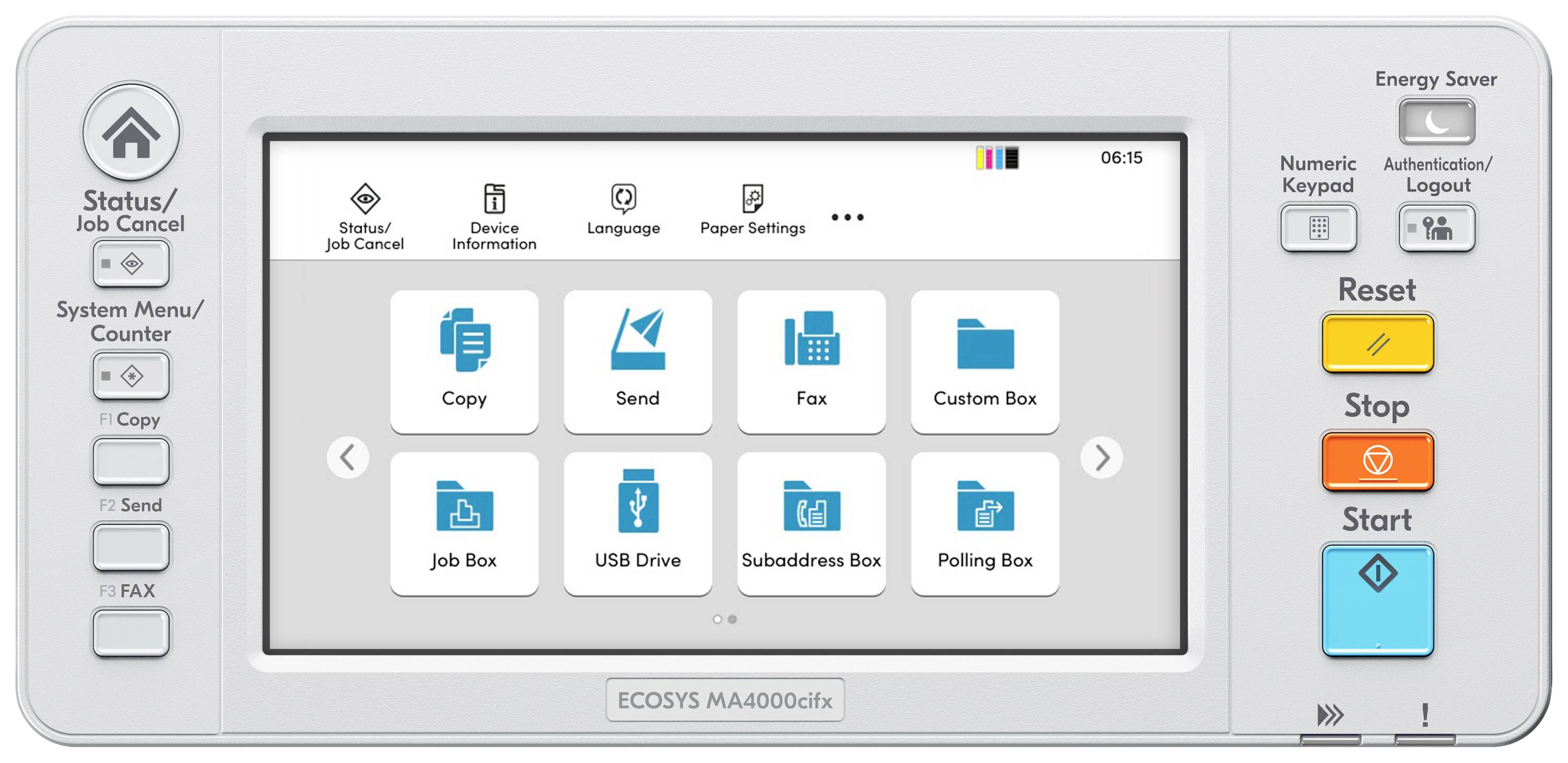 Multifunktionales Drucker-Display mit Optionen wie 'Kopieren', 'Senden' und 'Fax'. Große Buttons und Navigationstasten rechts.