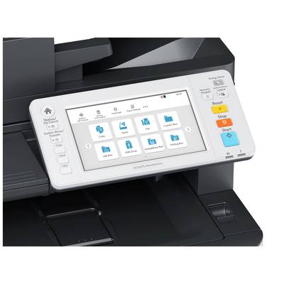 Multifunktionsdrucker mit Farbdisplay zeigt Optionen wie Kopieren, Scannen und Drucken an. Bedientasten daneben für Start und Stopp.