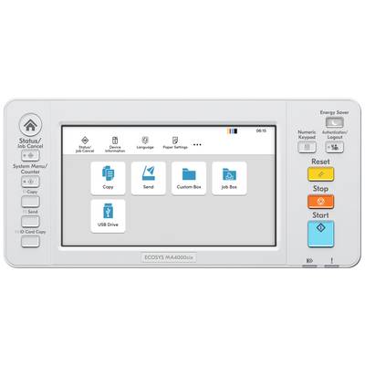 Touchscreen-Bedienfeld eines Druckers mit Optionen zum Kopieren, Senden und Job-Box-Zugriff. Knöpfe an der Seite für Steuerung und Reset.