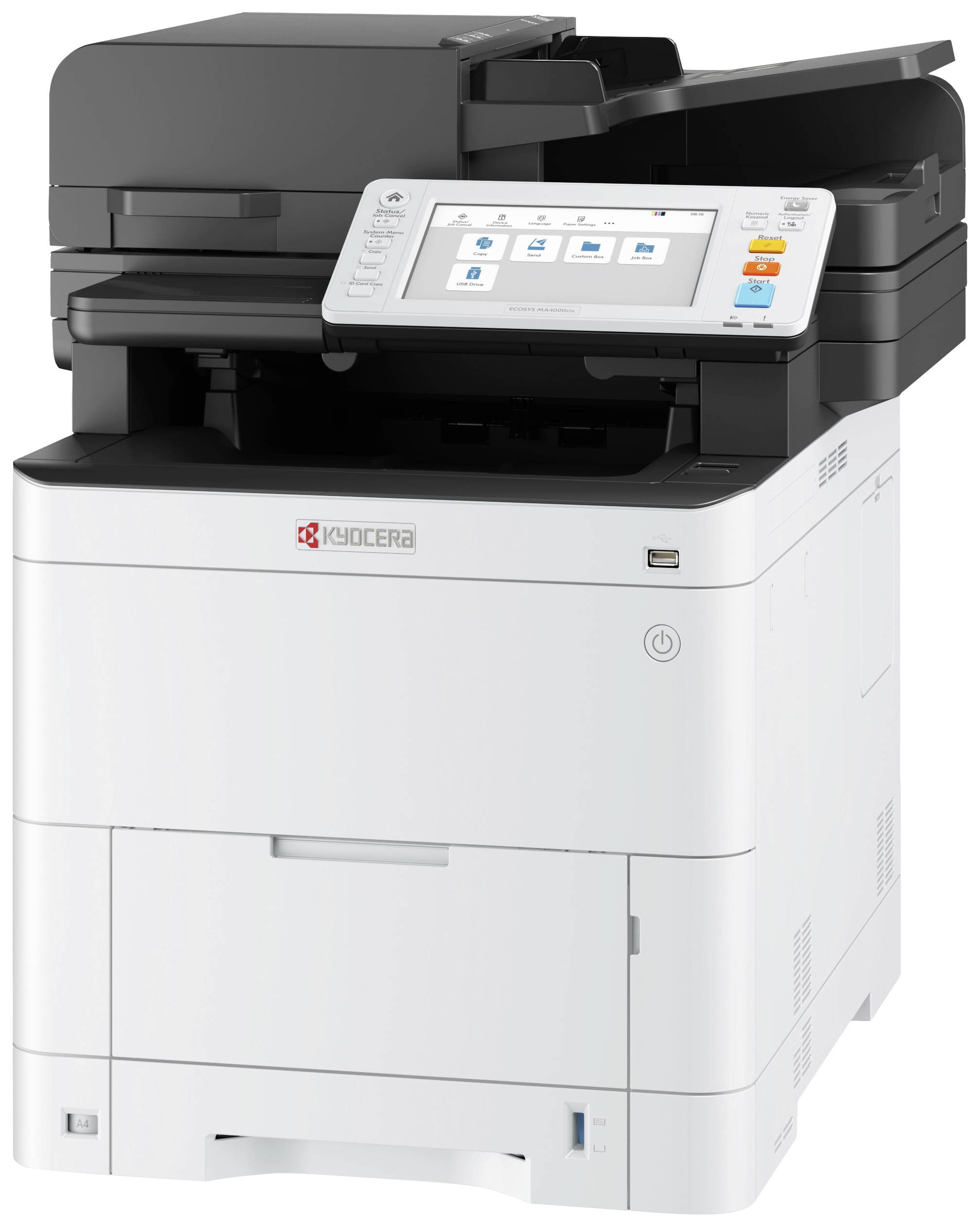 Multifunktionsdrucker mit Touchscreen und Bedienfeld, geeignet für Büroanwendungen. Markenlogo vorne sichtbar.