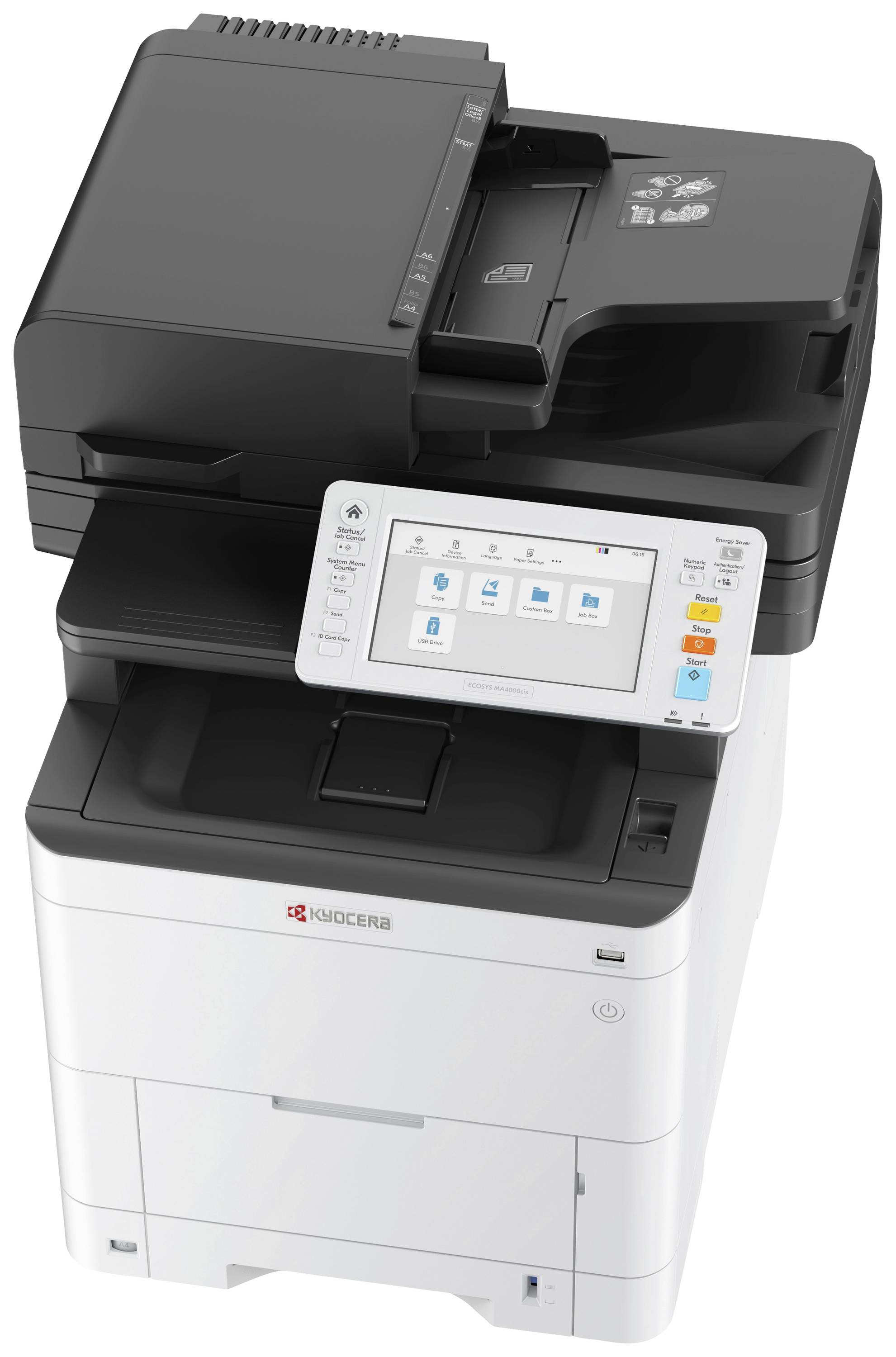 Ein Kopiergerät mit Touchscreen-Display auf der Vorderseite zeigt Drucker-Einstellungen. Das Gerät hat ein schwarzes Oberteil und weißen Korpus.