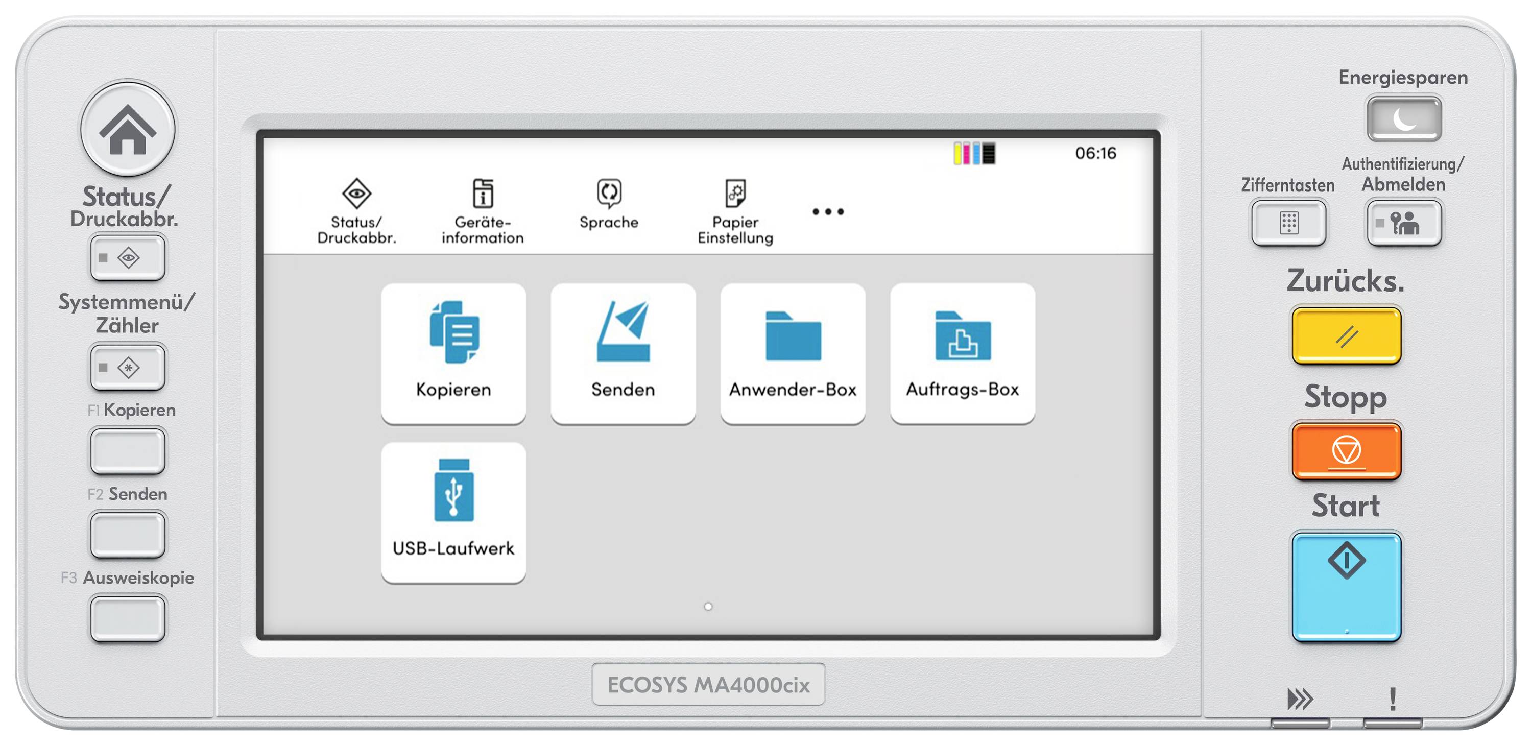 Multifunktionsdrucker-Bedienfeld mit Touchscreen. Optionen: 'Kopieren', 'Senden', 'Anwender-Box', 'Auftrag-Box', 'USB-Laufwerk'. Tasten: Zurück, Stopp, Start.