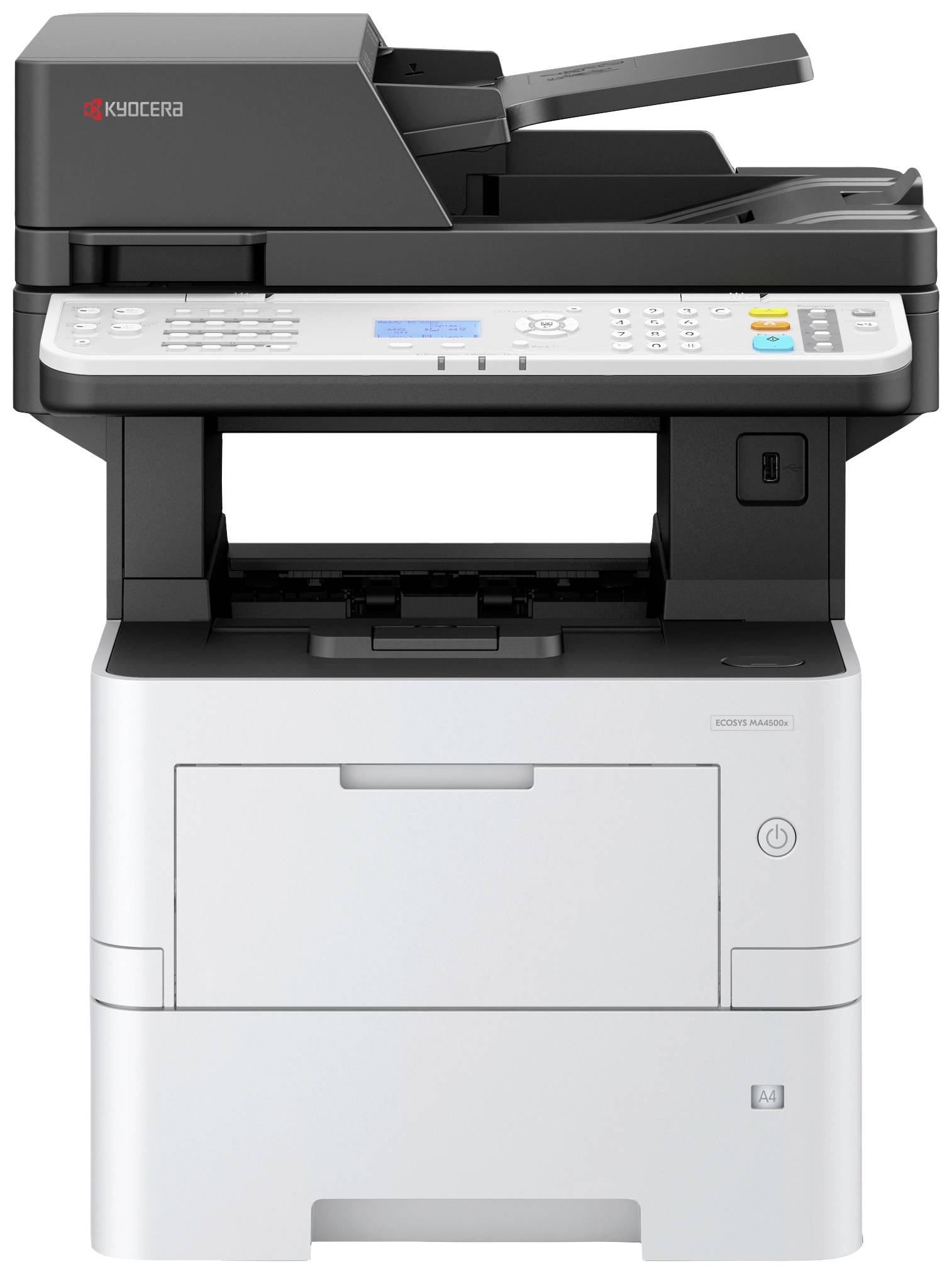 Schwarz-weißer Multifunktionsdrucker mit Scanner und Bedienfeld oben, Marke Kyocera. Geeignet für Büros und Heimanwendungen.