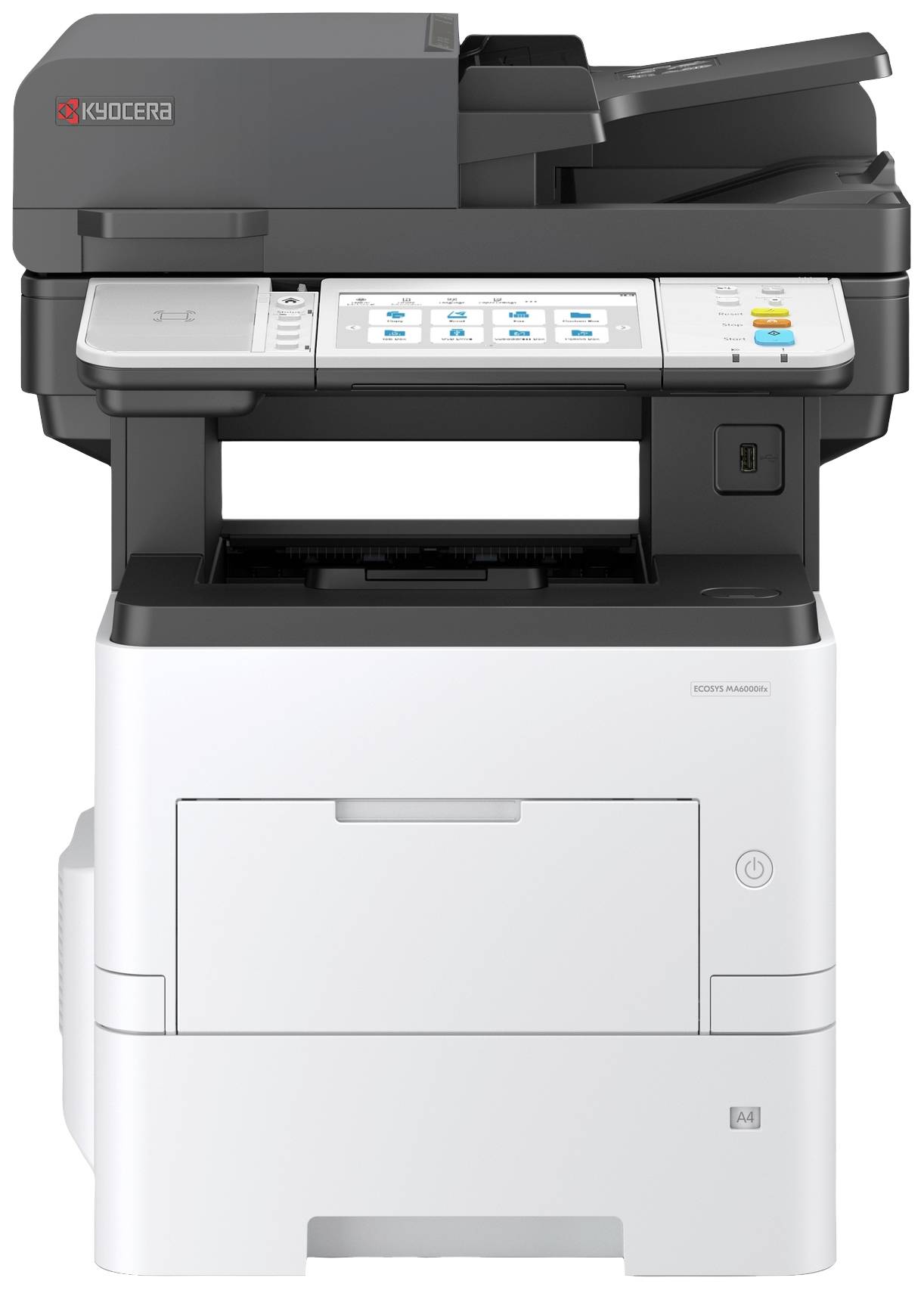 Ein Multifunktionsdrucker mit Bedienfeld vorne und Fach für Dokumentenausgabe unten. Geeignet für Kopieren, Scannen und Drucken.