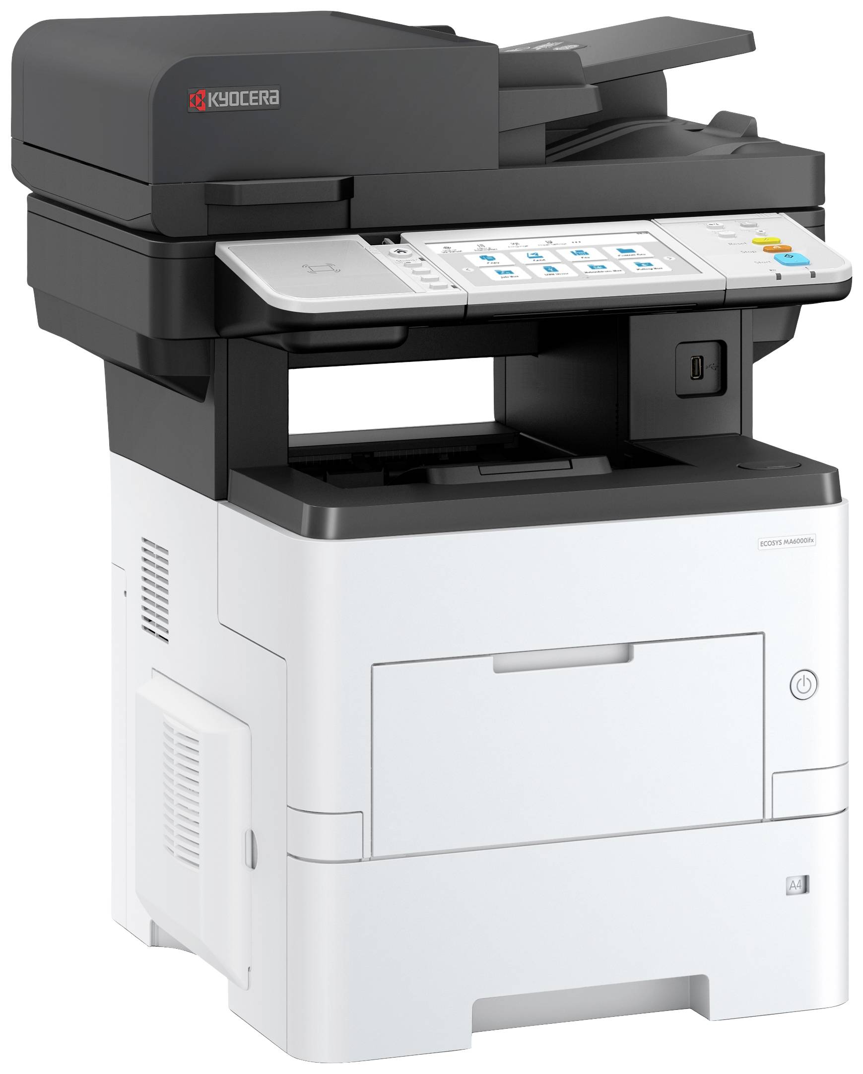 Ein Multifunktionsdrucker mit Touchscreen-Bedienfeld, Papierfach darunter. Markierung zeigt Marke an.