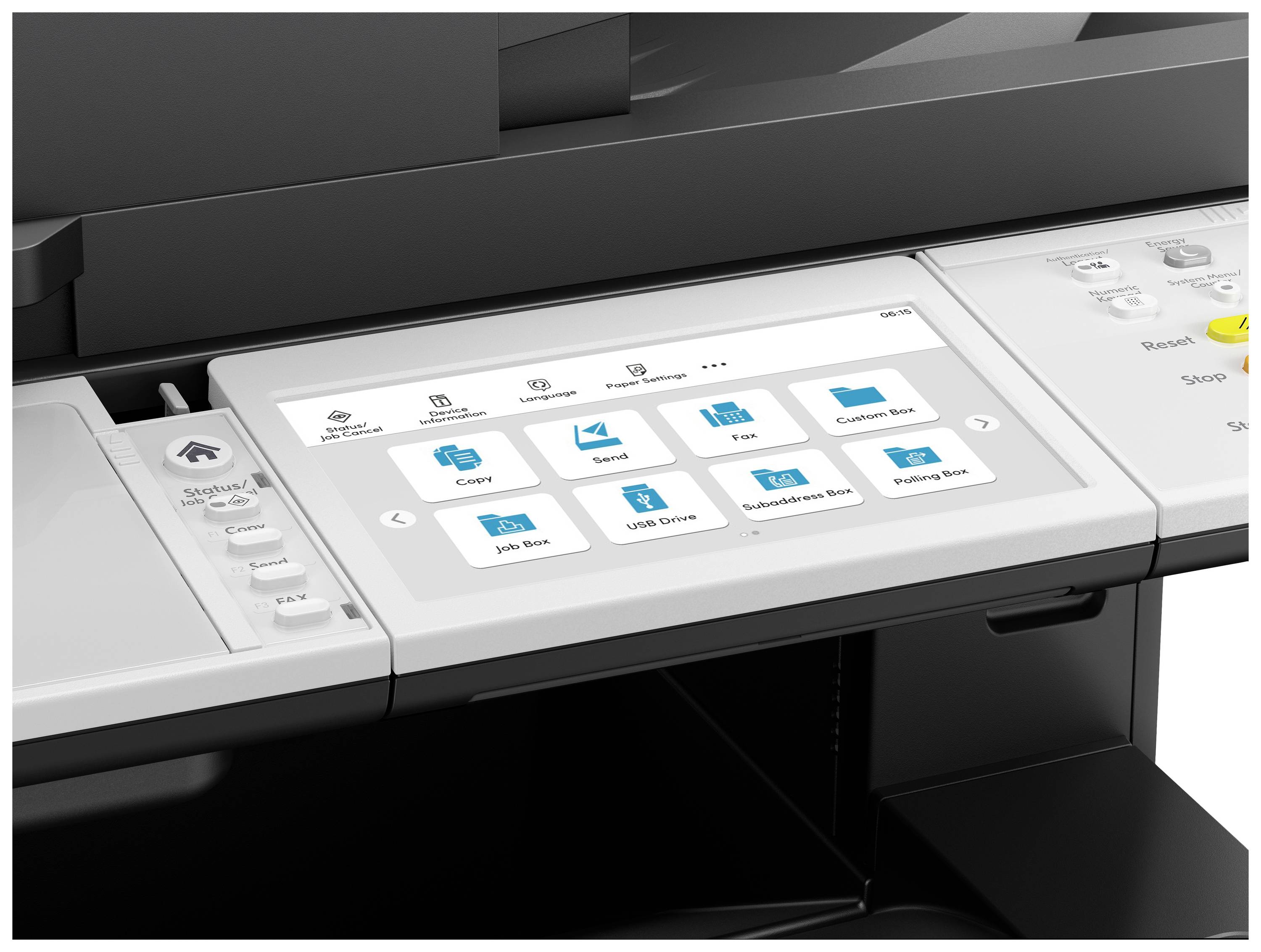 Bedienfeld eines Druckers mit Touchscreen, auf dem Optionen wie 'Kopie', 'Scan', 'USB-Anschluss' und 'Druckbox' angezeigt werden.