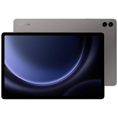 Ein modernes Tablet mit einem großen Bildschirm, schwarzem Rahmen und zwei Kameras auf der Rückseite. Logos sind sichtbar.
