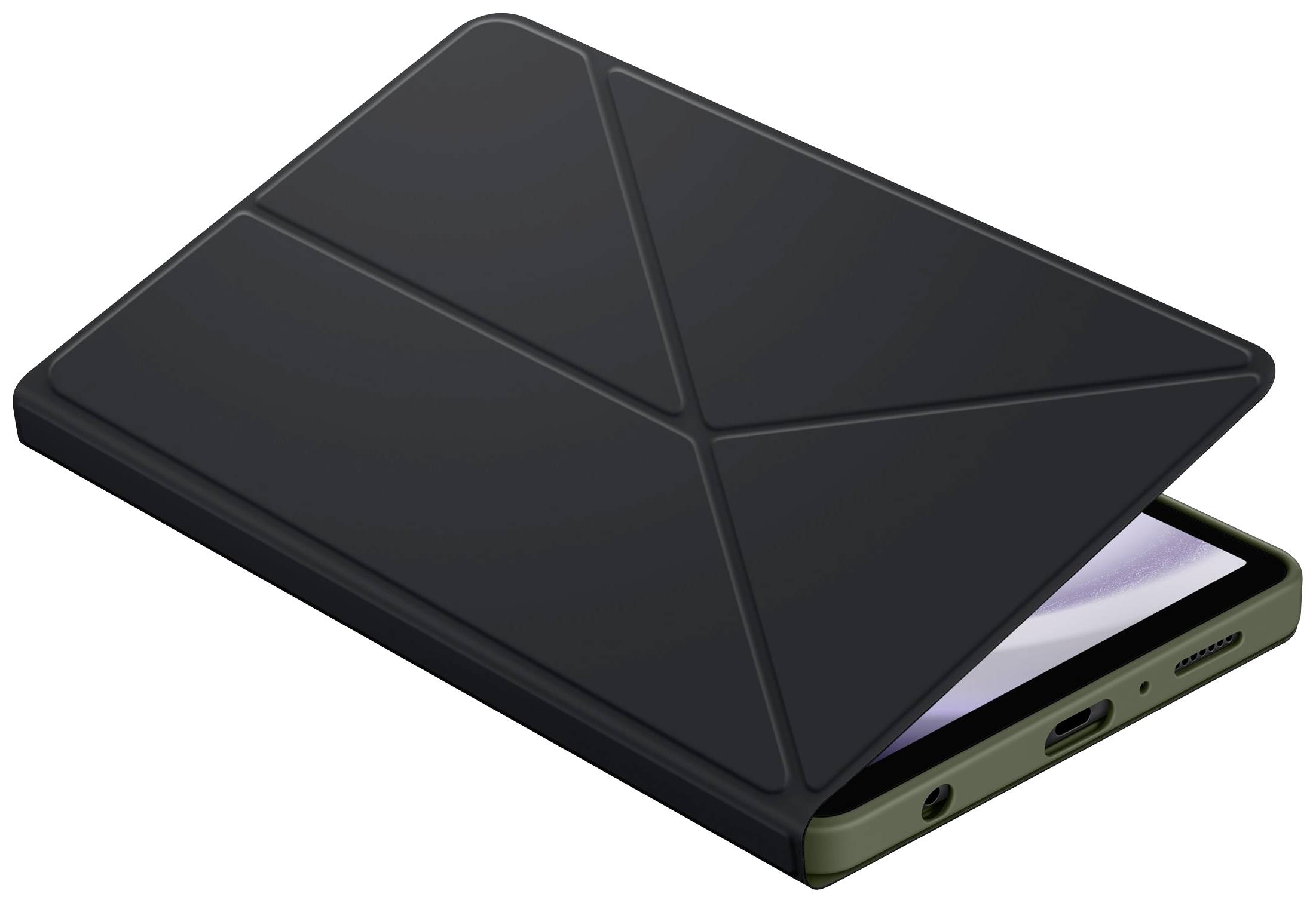 Ein geschlossenes Tablet in einem schwarzen Etui, das teilweise geöffnet ist. Sichtbar ist der Bildschirmrand des Geräts.